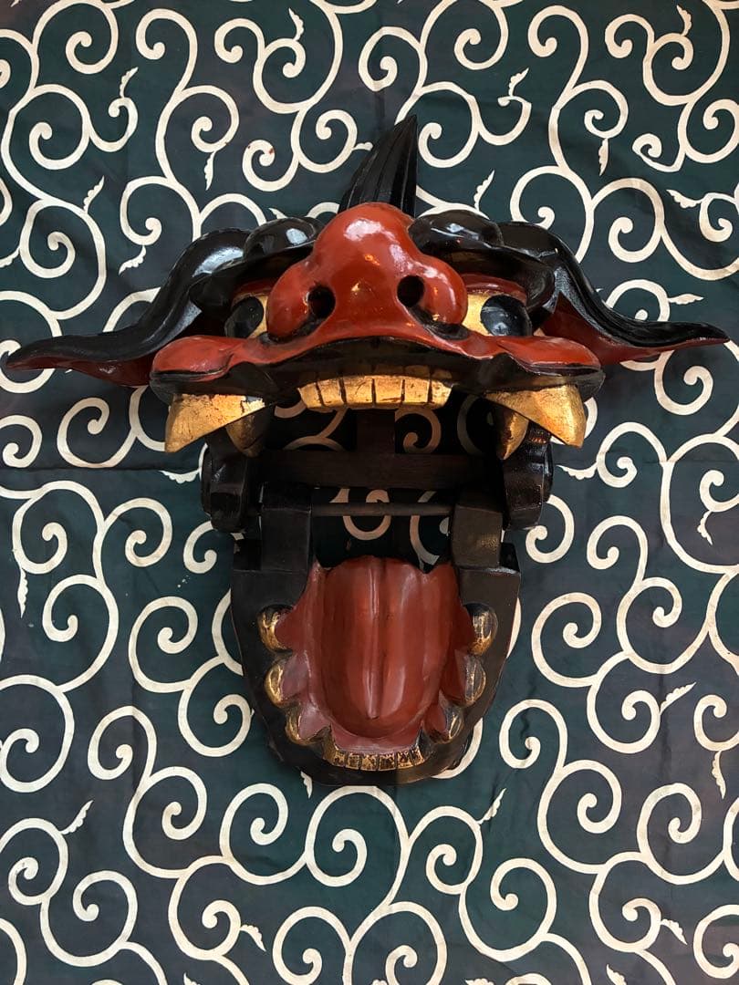 昭和 美品 獅子舞 獅子頭 祝い獅子 木彫り 骨董 唐草模様 風呂敷 希少 レア