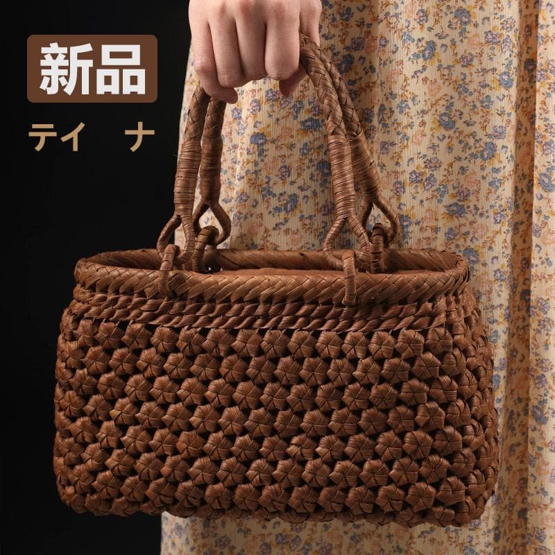 六角花結び編み 山葡萄 かごバッグ 職人手編み 手提げ 内布付き