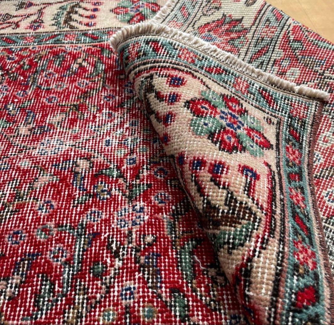 大判　162×262 クリーム縁取り　ストロベリー草花　トルコヴィンテージラグ