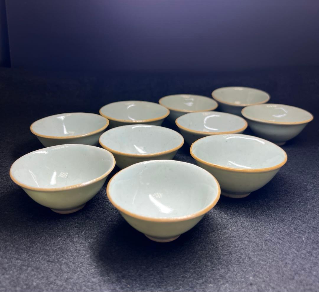 中国清朝時代　南京青磁煎茶碗10客　口径約6.5㎝　東Y7-1208☆2Fトコオ