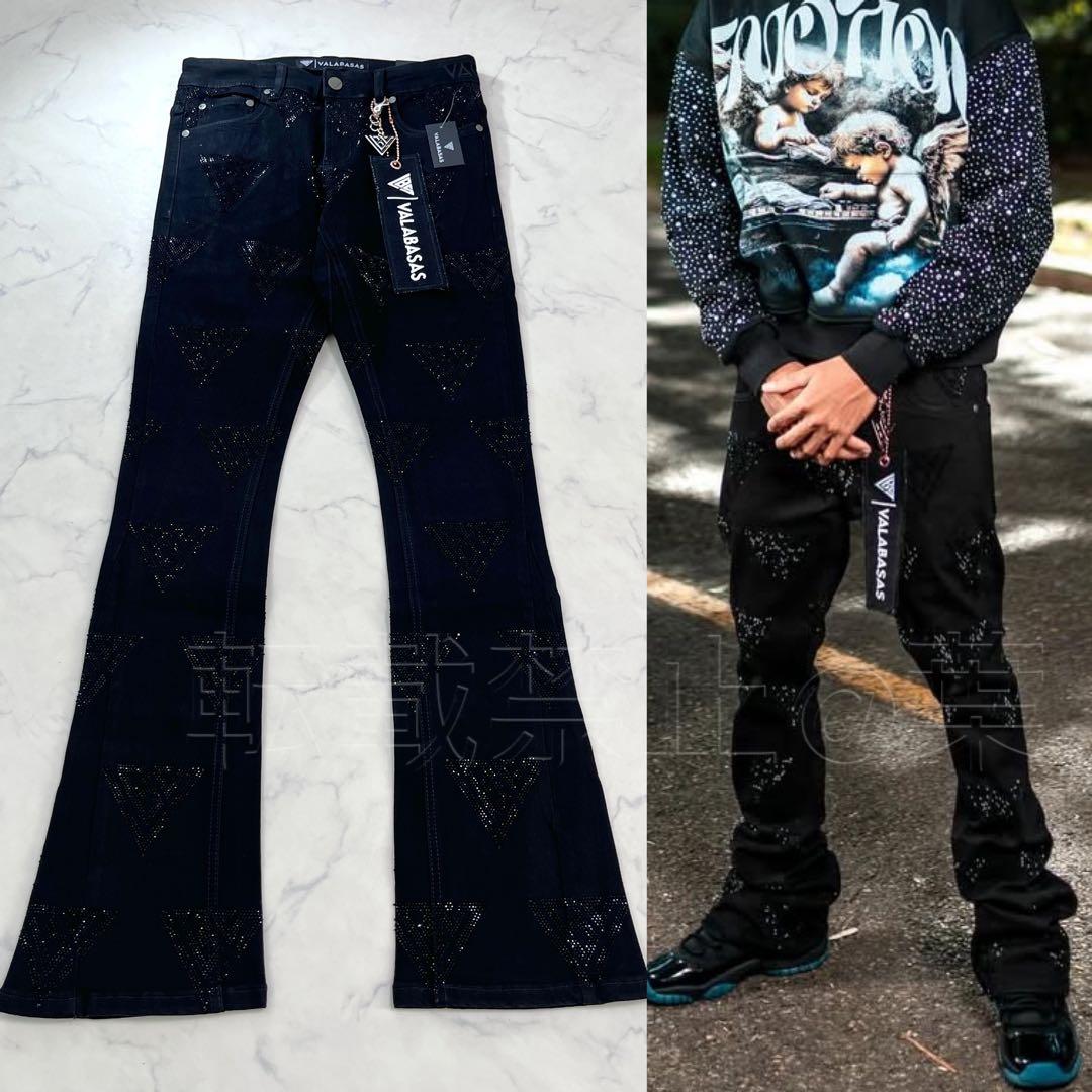 新品バラバサスvalabasas ラインストーンスキニーフレアデニム ブラックM