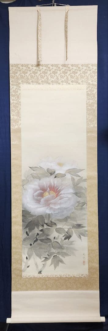 【白牡丹図】山本大慈 2675 ボタン 掛け軸 肉筆