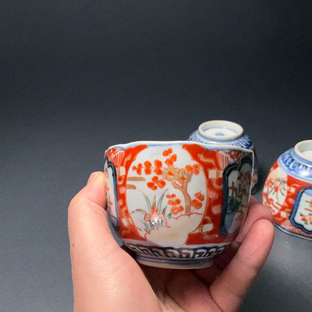 伊万里色絵窓絵花図向付3個　赤絵　通り文　古伊万里　R1373B2