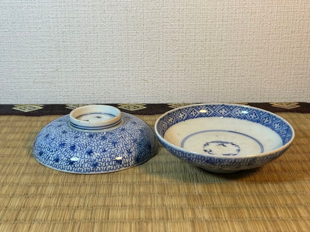 古伊万里染付 微塵唐草模様飯茶碗 江戸時代後期　2客 無傷