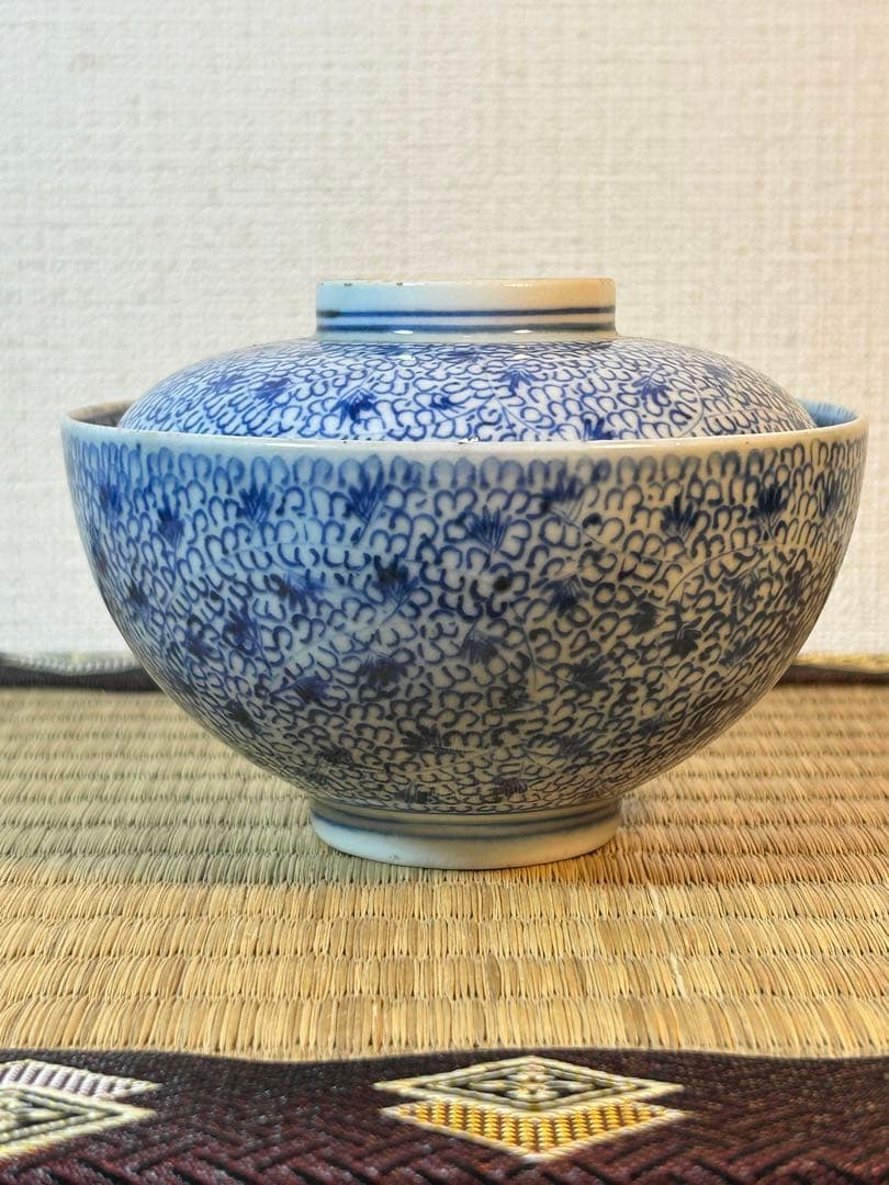 古伊万里染付 微塵唐草模様飯茶碗 江戸時代後期　2客 無傷