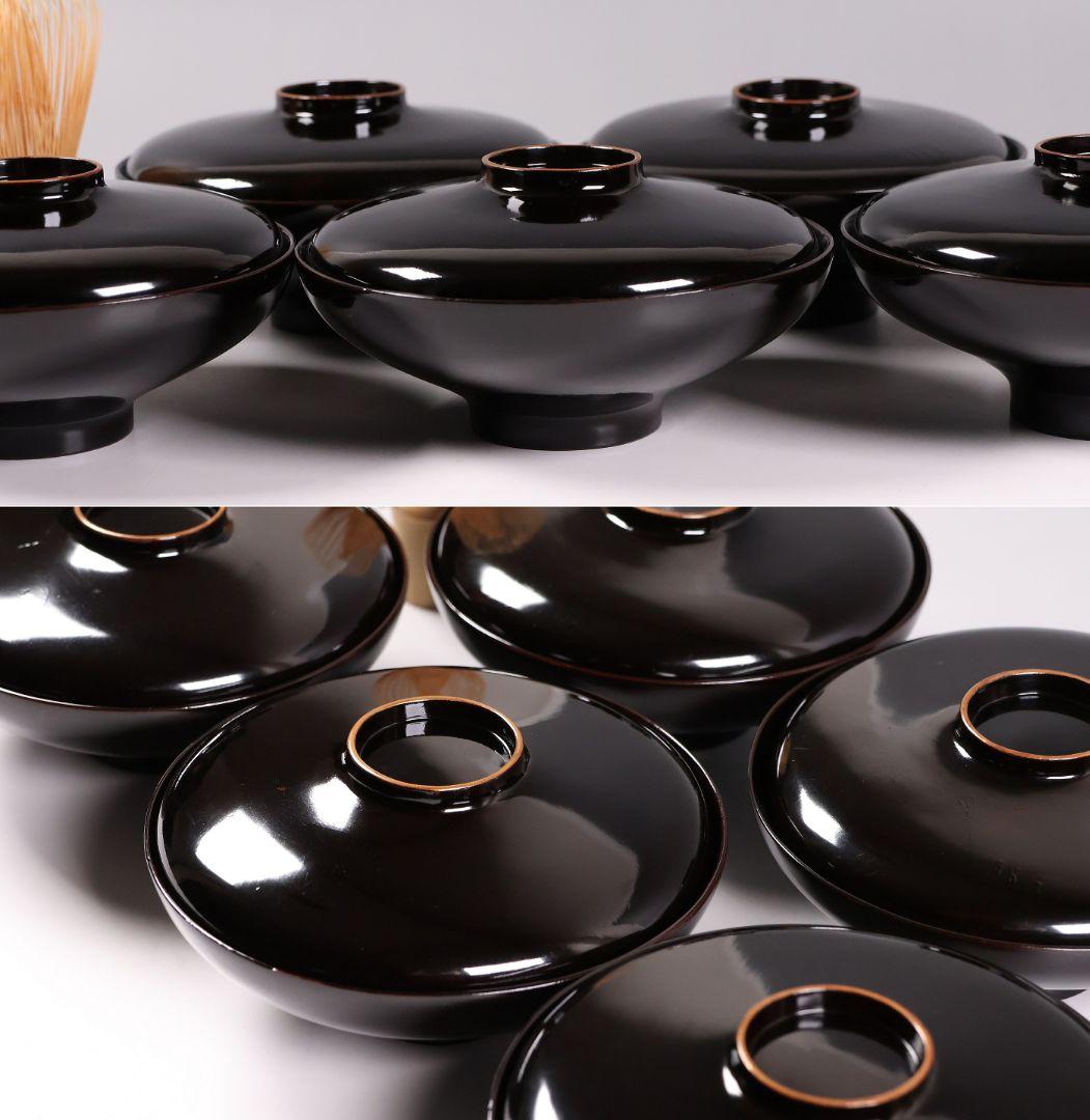 【CM354】時代蒔絵椀 竹に鶏金蒔絵 平椀五客 木製 /(検) 輪島塗加賀能登