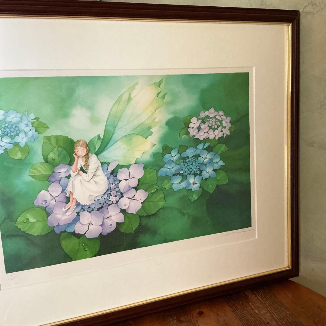 リトグラフ　永田萌　「雨の香りに包まれて」大判 サイン入り　木製フレーム