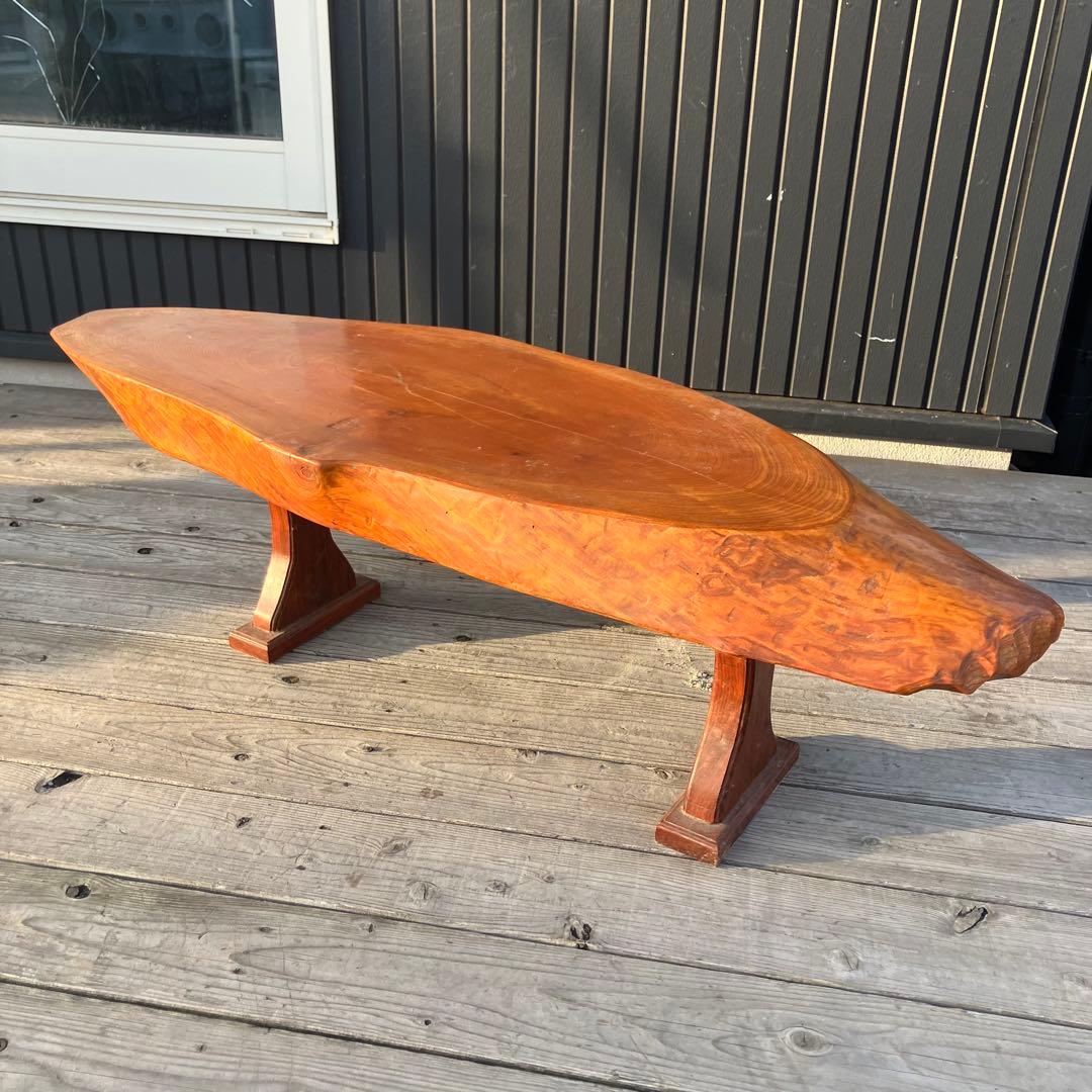 ①昭和レトロ 木製 天然木 欅材 一枚板 脚付き 座卓 センターテーブル 楕円形