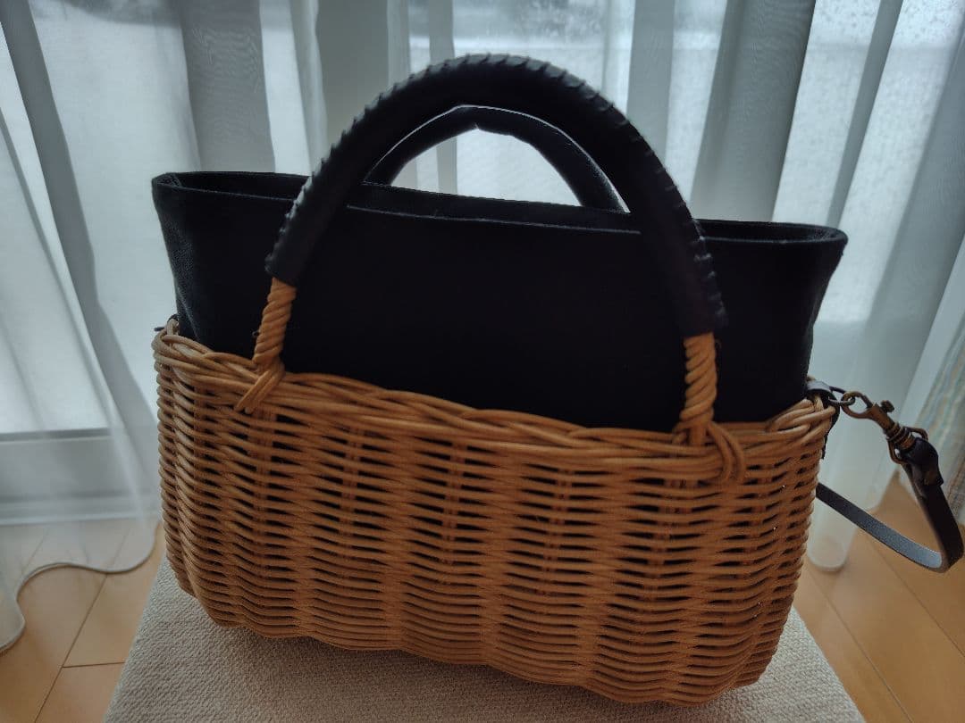 籐編みかごバッグポシェット　ウール　本革 ハンドメイド