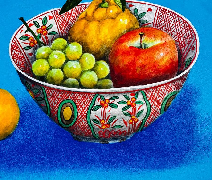 実力作家 五十川昇乗「 静物」日本画 8号 縦32cm 横41cm 果物