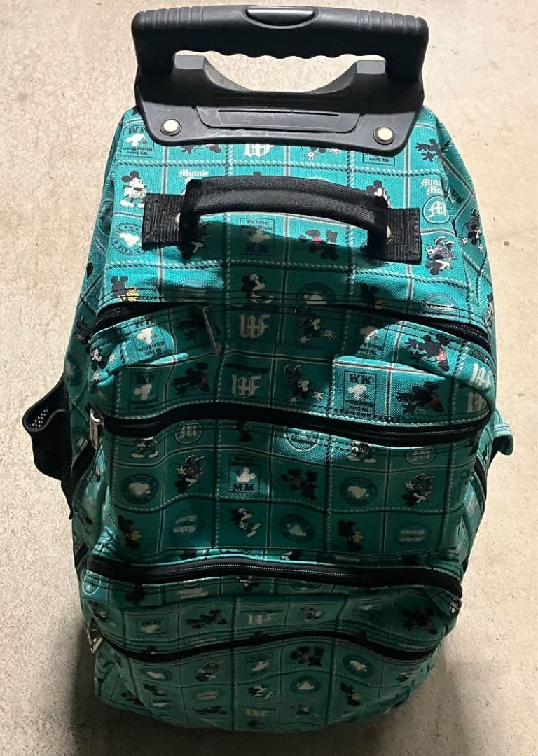 ディズニー緑キャリーカートミッキーミニー サイドポケットセキュリティポケット有り