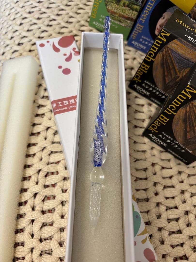 ガラスペン 青と透明 ツイストデザインとインクのセット