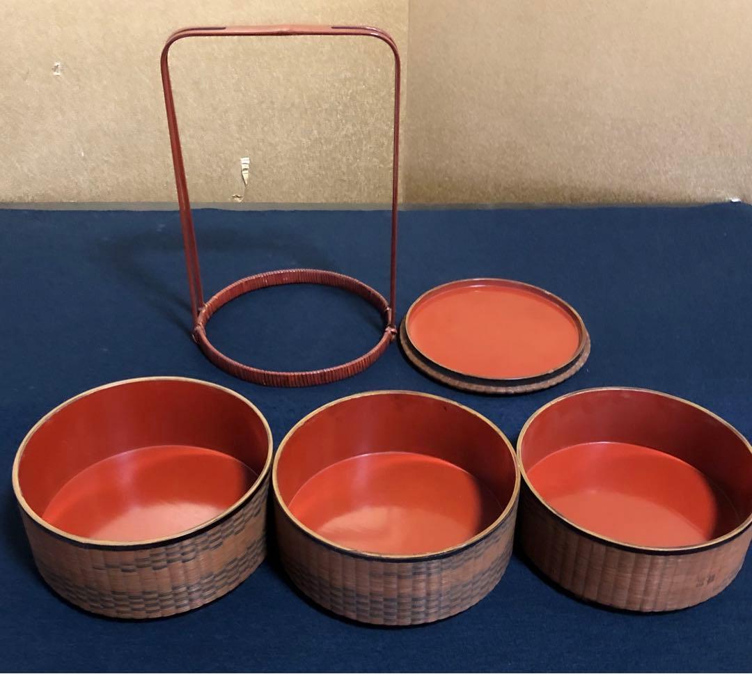 《レ》時代 煎茶 竹編 提籃 三段籠 提げ籠 茶籠 網代 木箱　251030う2