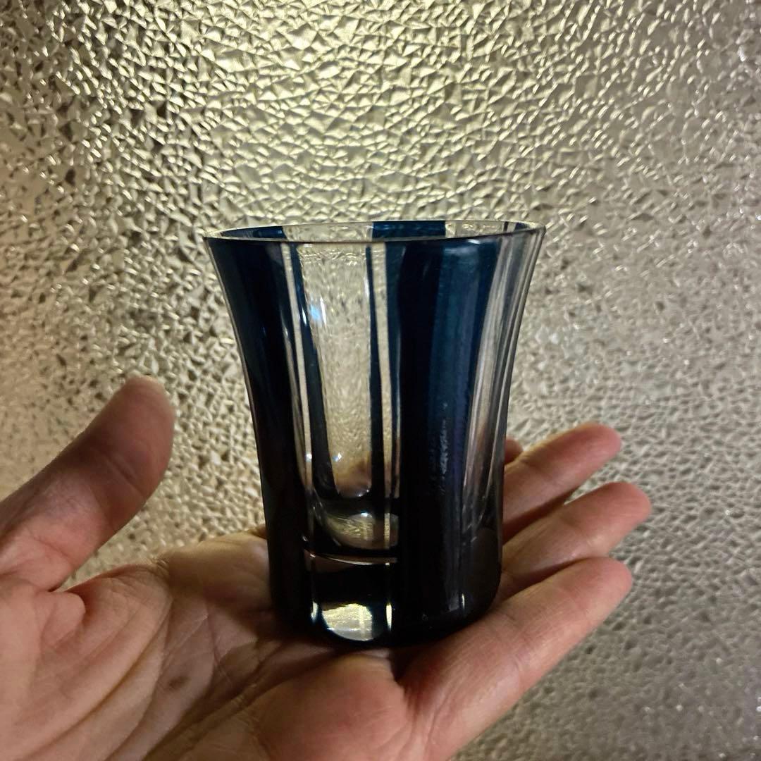 骨董　時代ガラス　希少　紺色被せ　縞　モダン切子　徳利　酒器　３点