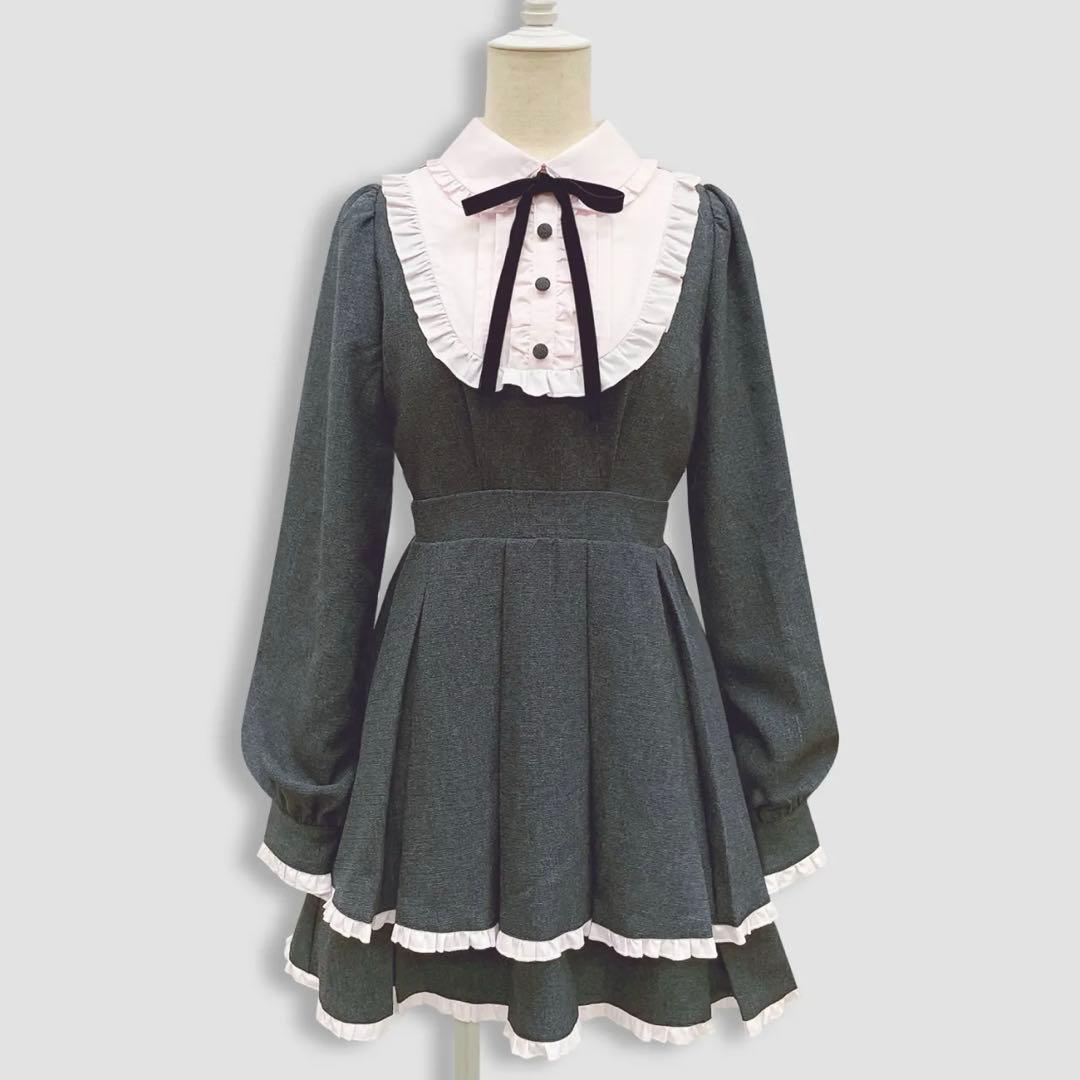 Honey Cinnamon ベロアリボン配色ヨークワンピース　ブラック