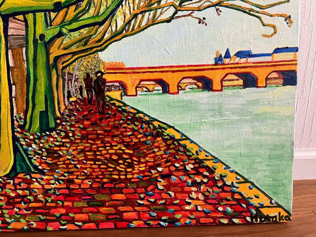 絵画　油絵　風景画　川沿いの並木道　F12