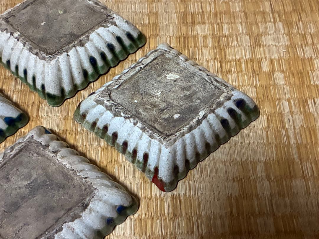 古織部 古い 陶器 菱形 小皿 盛皿 五枚 箱付 時代物