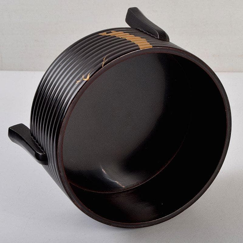 茶道具　黒漆　老松蒔絵　足付に段丸重　重箱　時代箱　C　8893