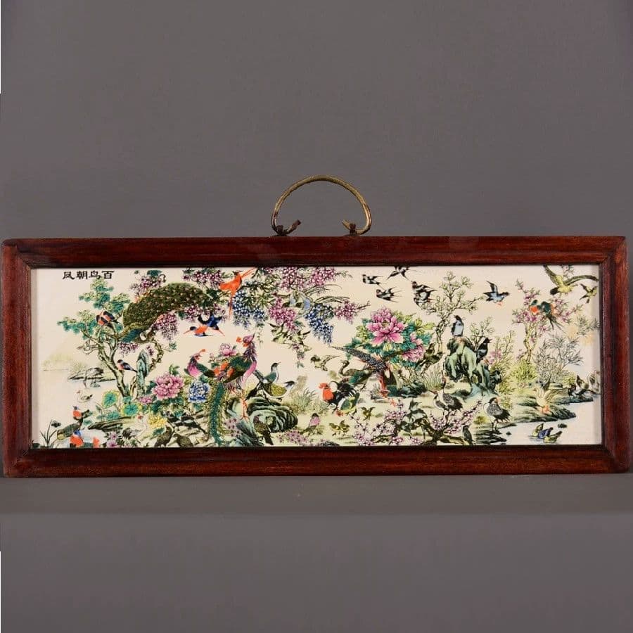 パステル花鳥陶板画 百鳥朝鳳 応接間 玄関 茶室 書斎 装飾品 工芸品 置物