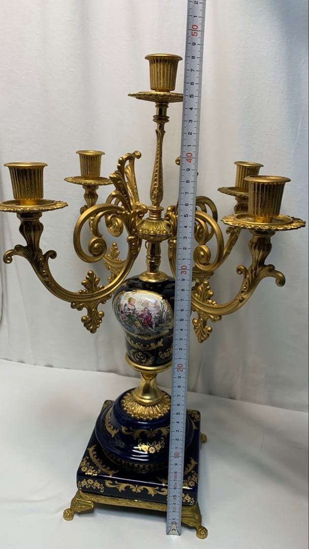 ヴィンテージ伊製コバルトブルー磁器5灯キャンドルスタンドロマンティック調美品豪華