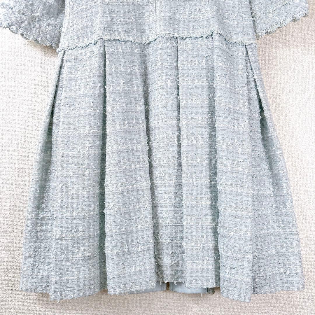 高級✨TO BE CHIC ノーカラー ツイードワンピース 水色 42 L〜XL