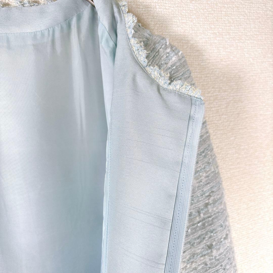 高級✨TO BE CHIC ノーカラー ツイードワンピース 水色 42 L〜XL