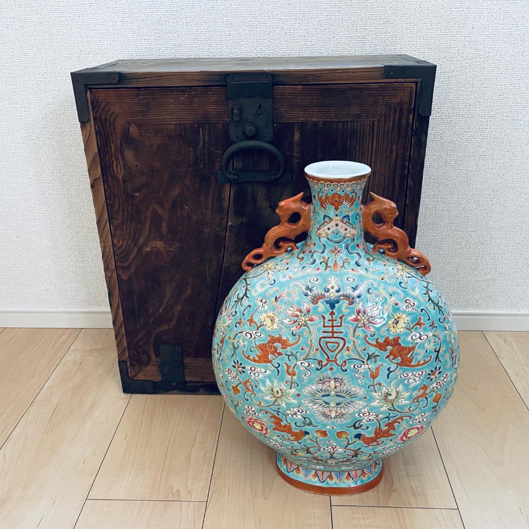 【清】陶磁器 神獣紋 大清乾隆年製 粉彩双耳花瓶 中国美術 41cm 古杉箱入