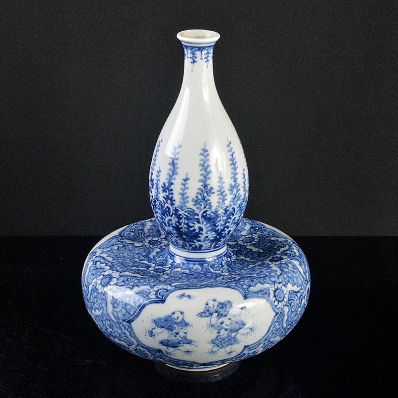 渋草焼　渋草柳造窯　染付　唐子花唐草文　瓢箪瓶　M　R5287B