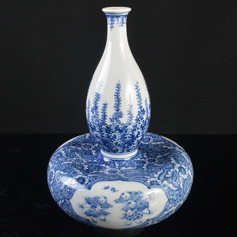 渋草焼　渋草柳造窯　染付　唐子花唐草文　瓢箪瓶　M　R5287B