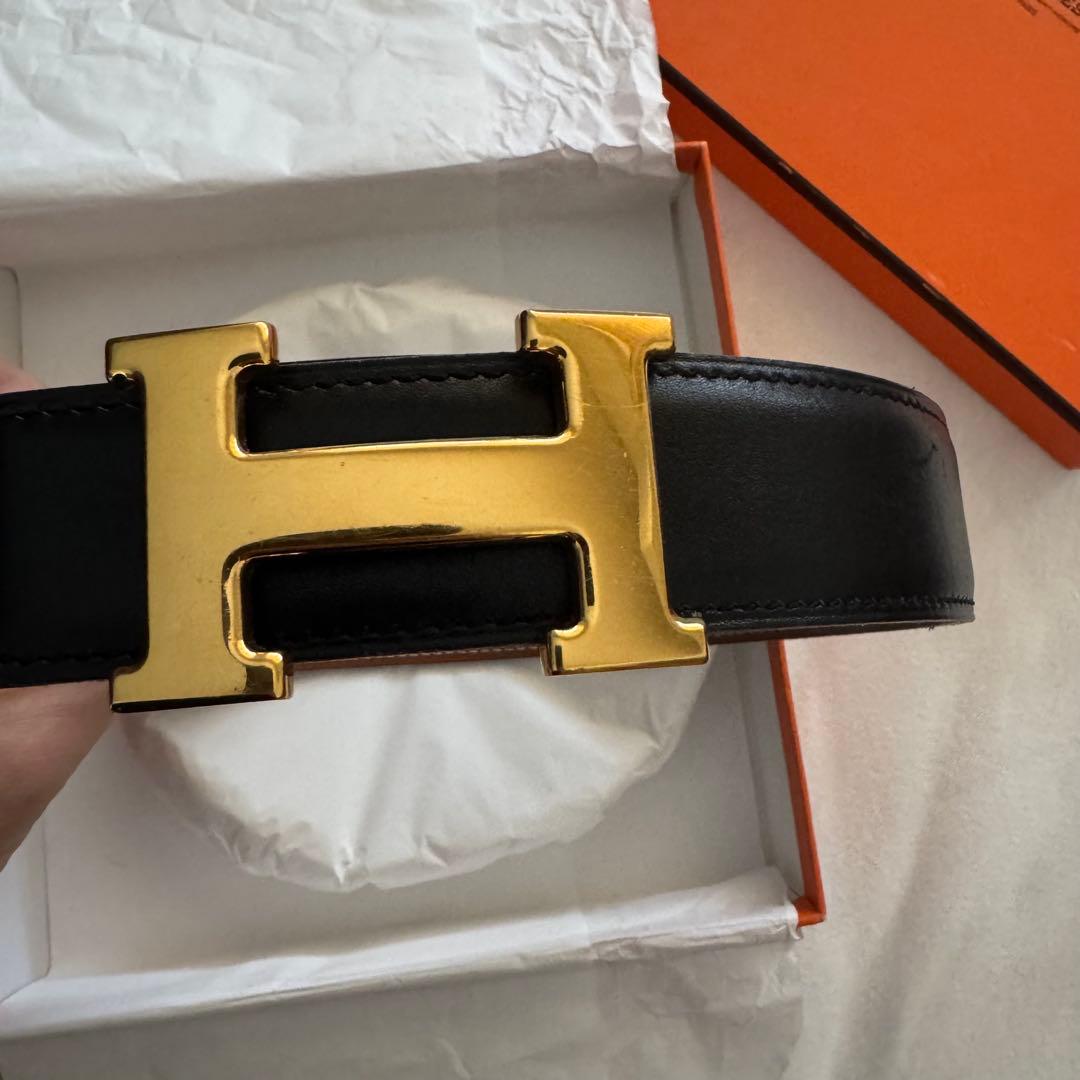 HERMES ブラックレザーベルト H型バックル　美品