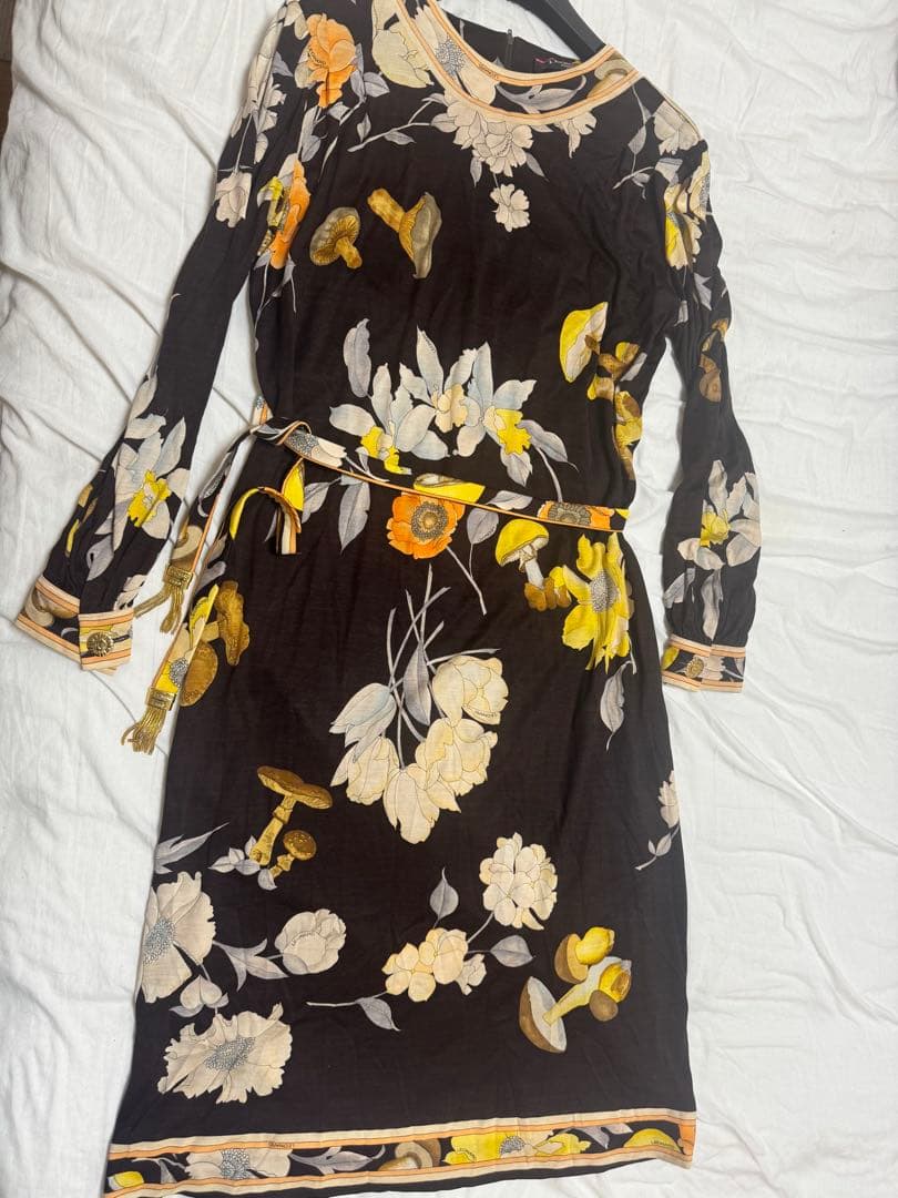 LEONARD 花柄長袖ワンピース 膝丈 茶 美品