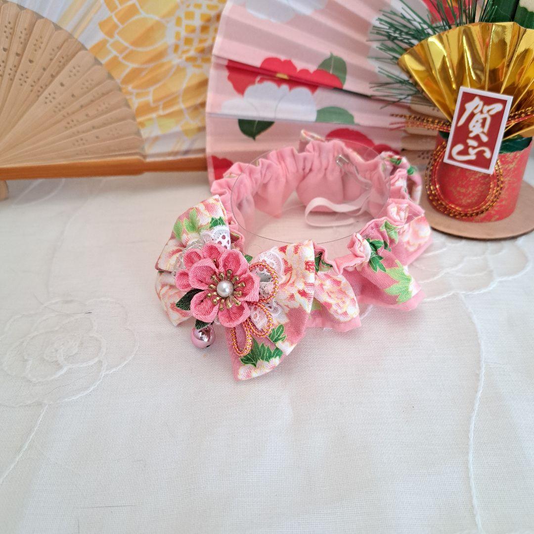 短毛シュシュ、和風妻み細工(ピンク①)わんちゃん猫ちゃん用