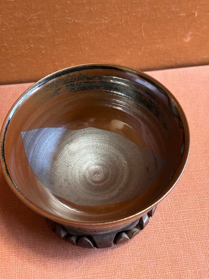 やまちゃん河井寛次郎作寛彫銘柿鉄釉茶碗大正11年作　秀逸一品　検中国朝鮮倣