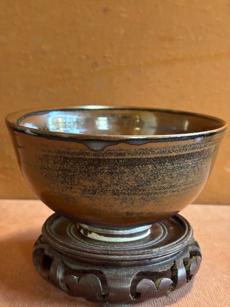 やまちゃん河井寛次郎作寛彫銘柿鉄釉茶碗大正11年作　秀逸一品　検中国朝鮮倣