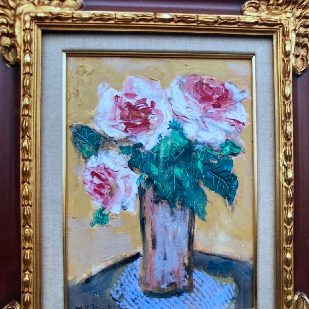 画家菊地正則「三輪のバラ」(ピエールロンサン)絵画　油彩画　額付き　F4 美品