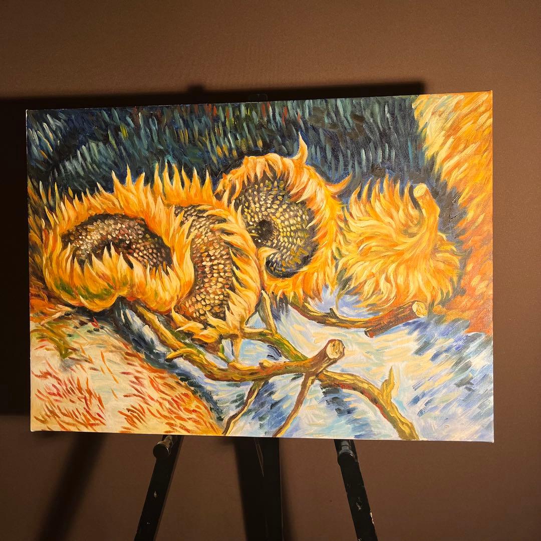 ★秀作★ 手描き油絵 ゴッホ 4本の切ったひまわり 絵画 インテリア 油彩画