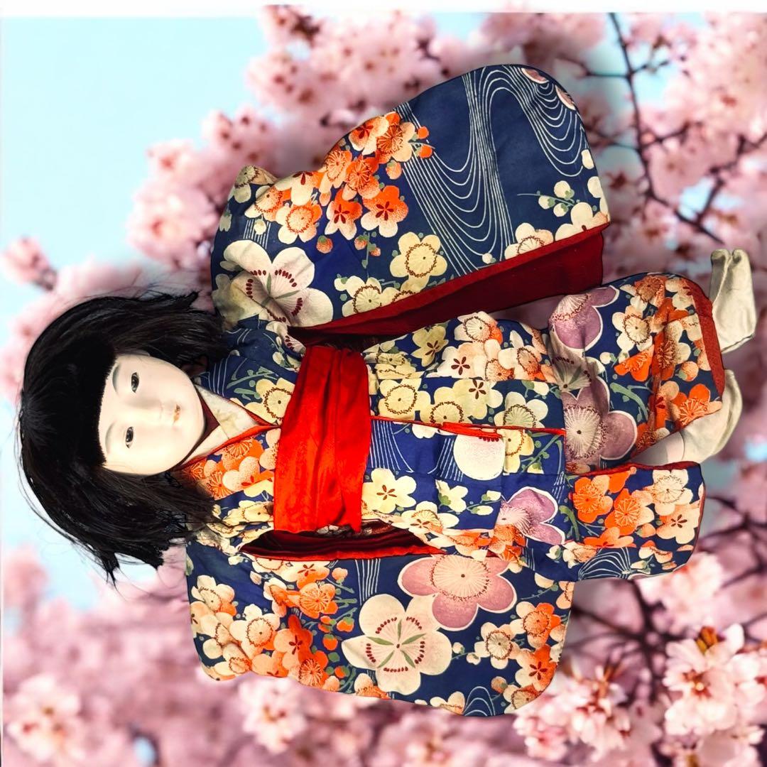 市松人形 明治期 1868年〜 三つ折れ ふいご 山桜 青縮緬着物 花柄 着物