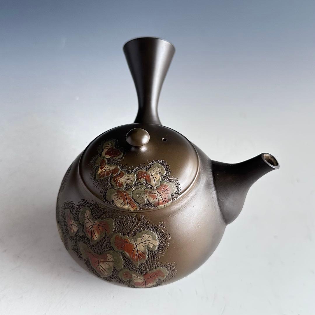 煎茶道具　常滑焼　緑泥　蔦彫り　急須　伊藤昭陽　箱無し　工芸品　美術品　茶注