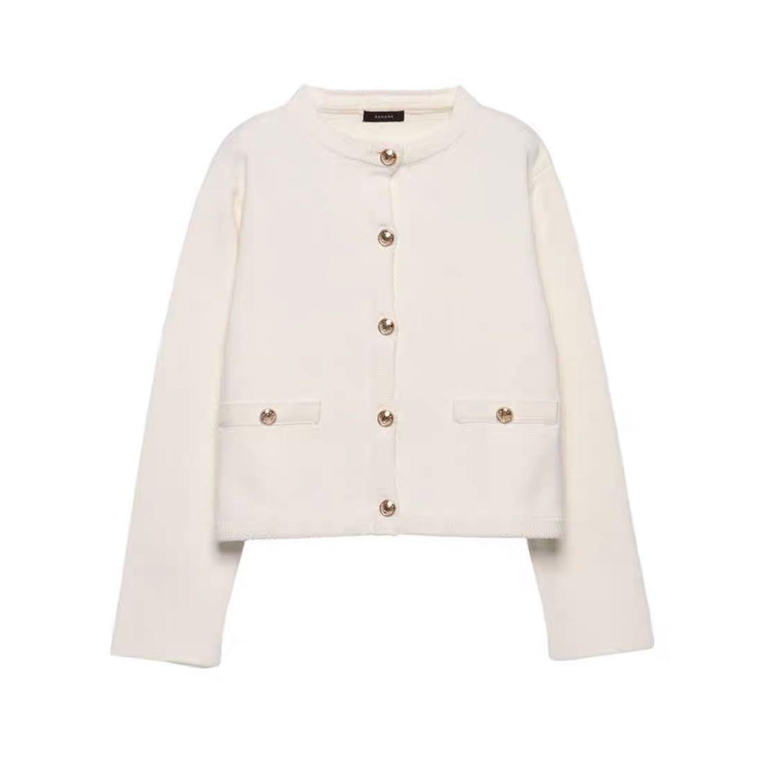 【未使用品】anuansオリジナルボタンノーカラーニットジャケット　ホワイト