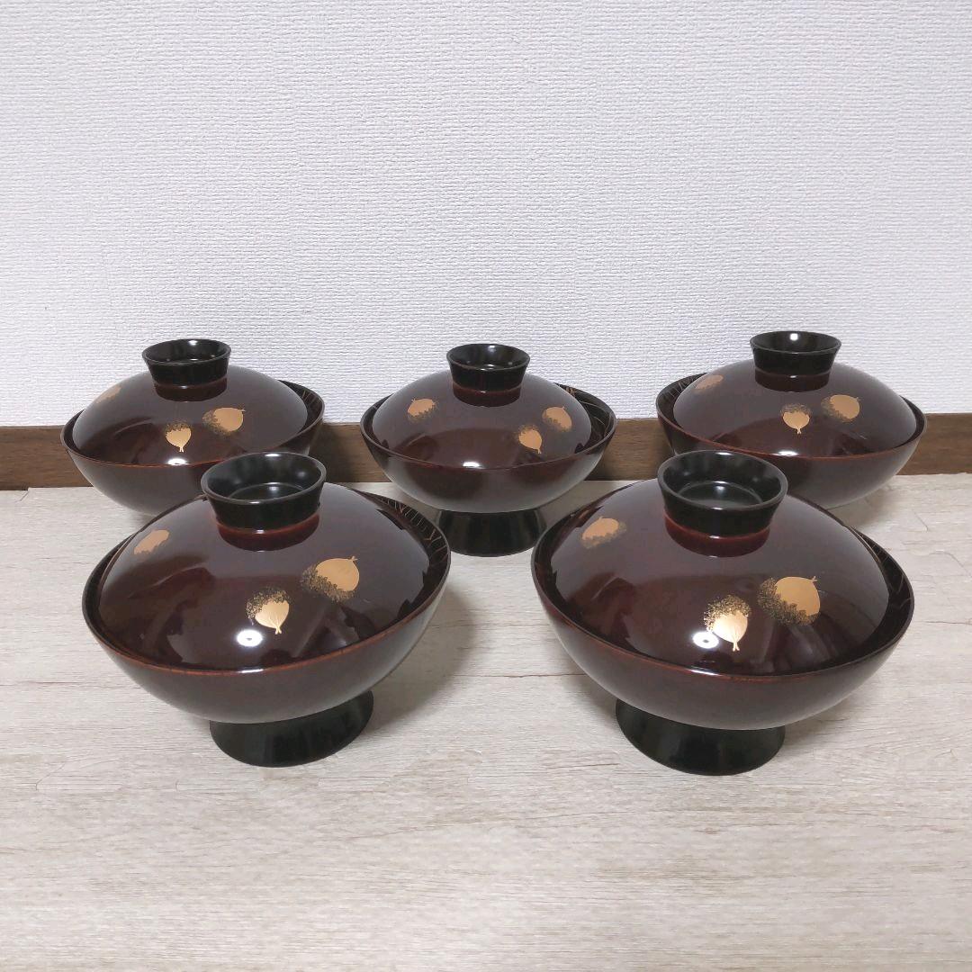 お値下げしました、柏に団栗　蒔絵　吸物椀　5客組