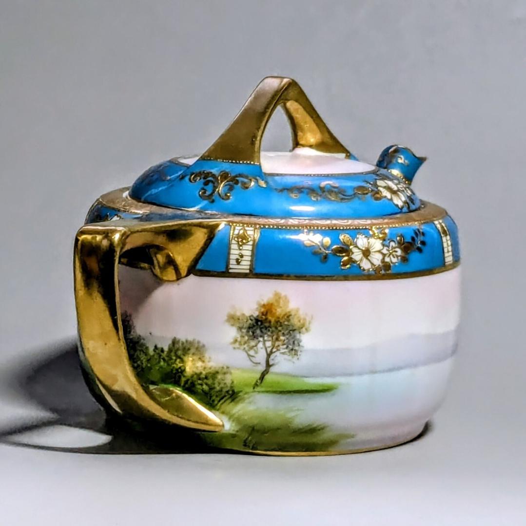 オールドノリタケ ポット ターコイズ 湖畔風景白鳥図 　金彩金盛上 有名パターン