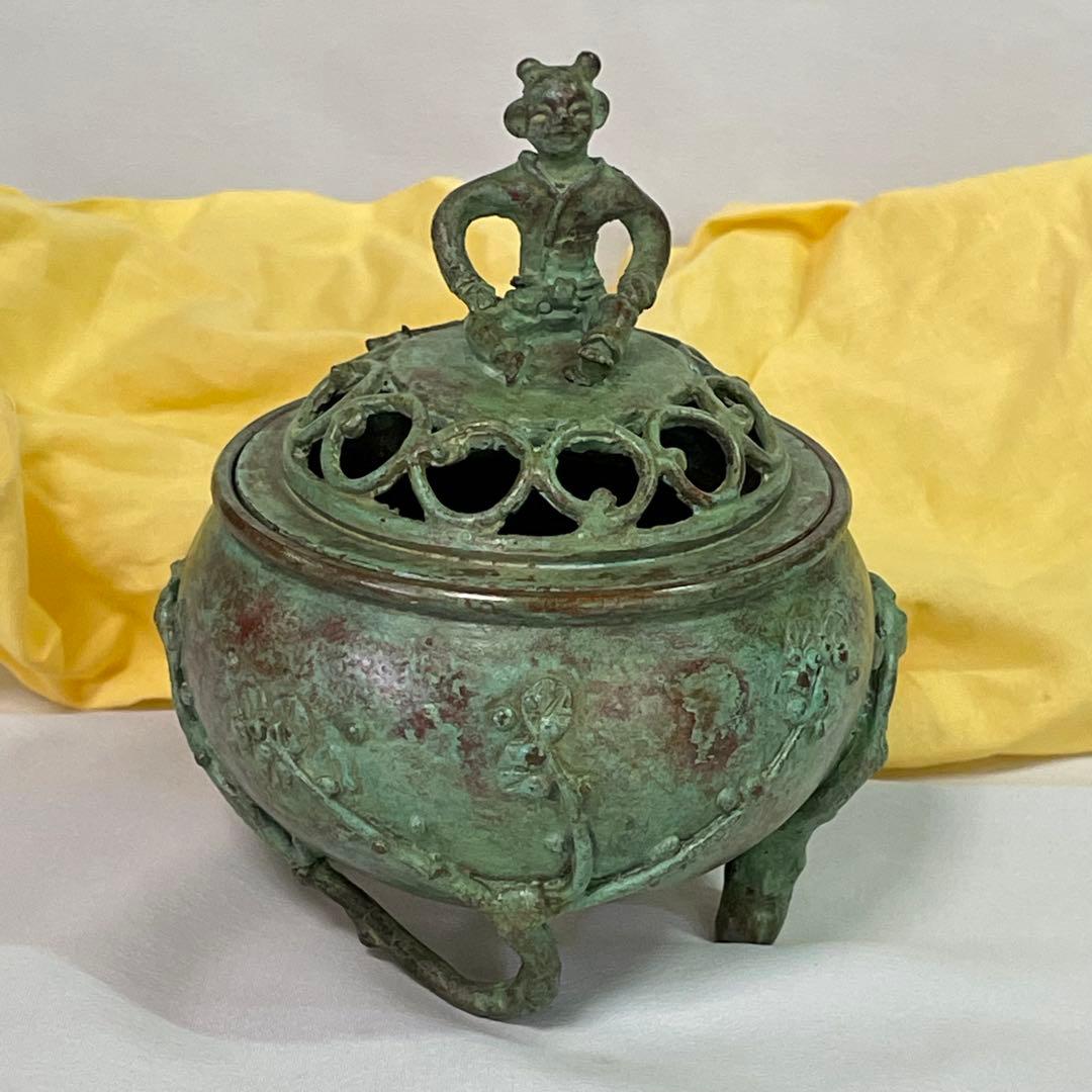 高岡銅器 須賀七郎作 月芳 蝋型鋳銅 香炉 唐子蓋梅文 共箱 証書 栞 時代物