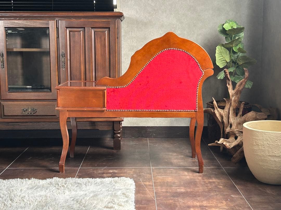 アンティーク　ビンテージ　クラシック　木彫　猫脚　レッド　テレフォンベンチ　GG
