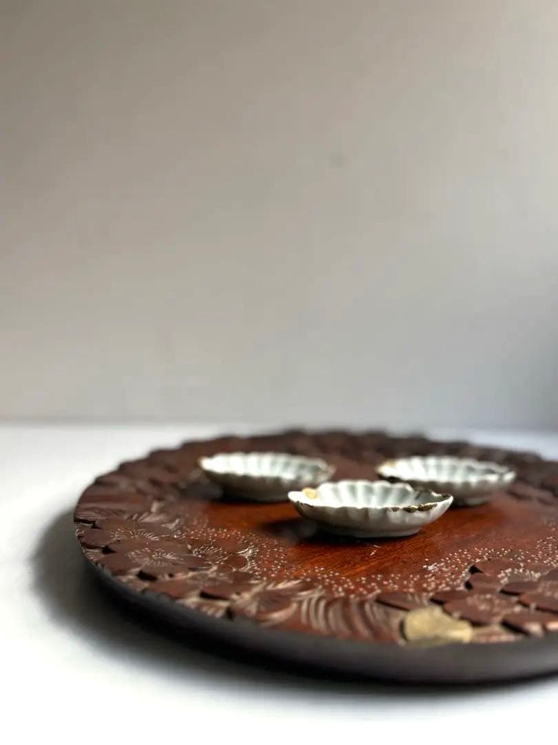 754 ヴィンテージ 軽井沢彫 桜彫 丸盆 大阪屋家具店 金継ぎ 民芸 工芸