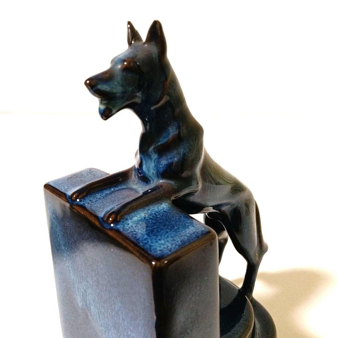 ドッグ ブックエンド オブジェ 陶磁器 青色 藍色 レトロ ヴィンテージ 犬