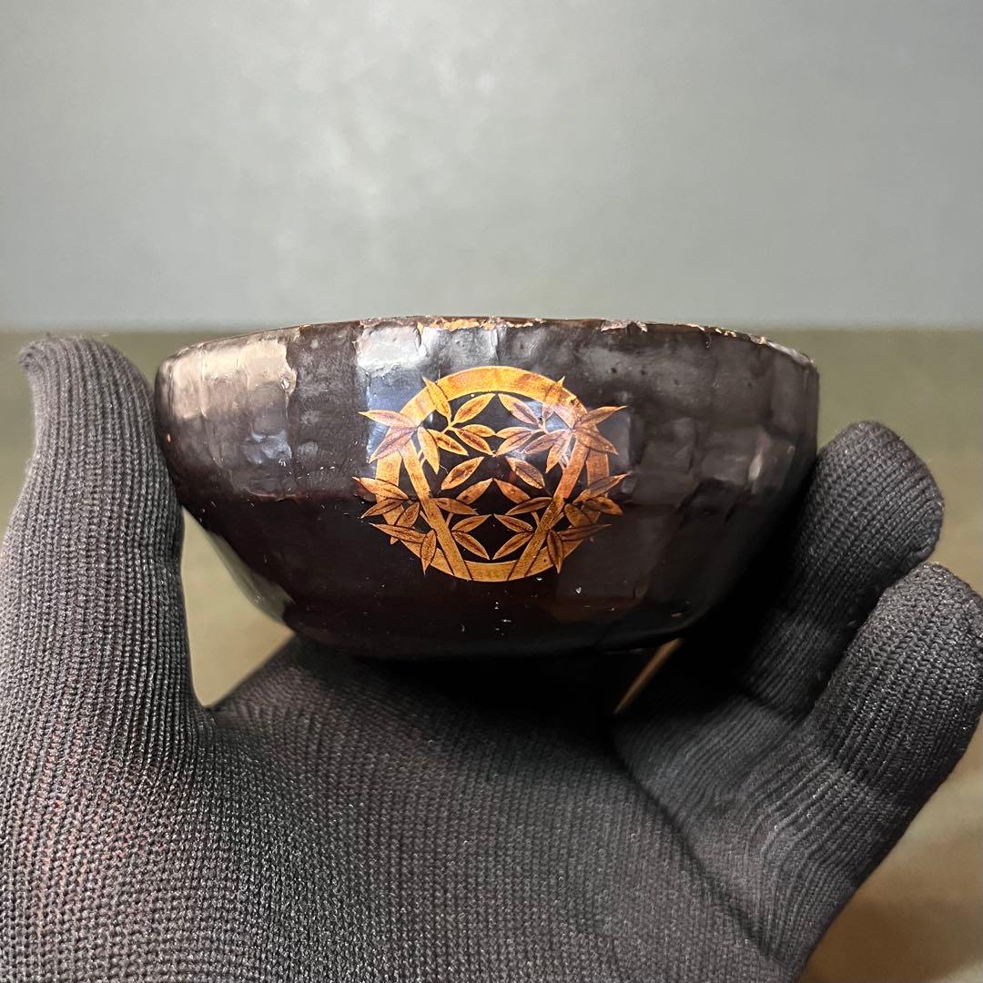 江戸期 木製 金蒔絵 笹丸紋 道中盃◎提げ環付 刳貫き 時代漆器◎古美術庵々