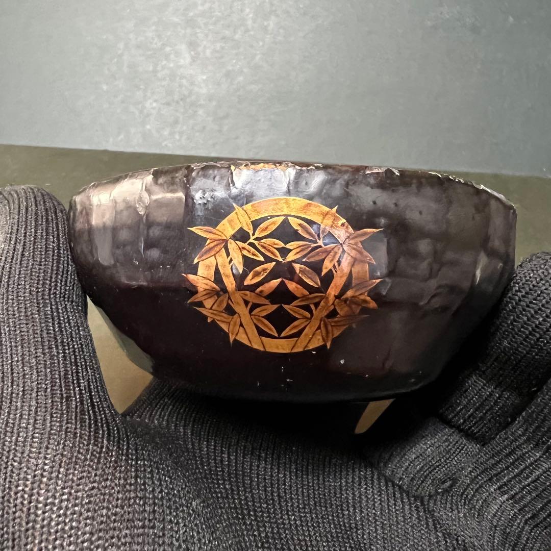 江戸期 木製 金蒔絵 笹丸紋 道中盃◎提げ環付 刳貫き 時代漆器◎古美術庵々