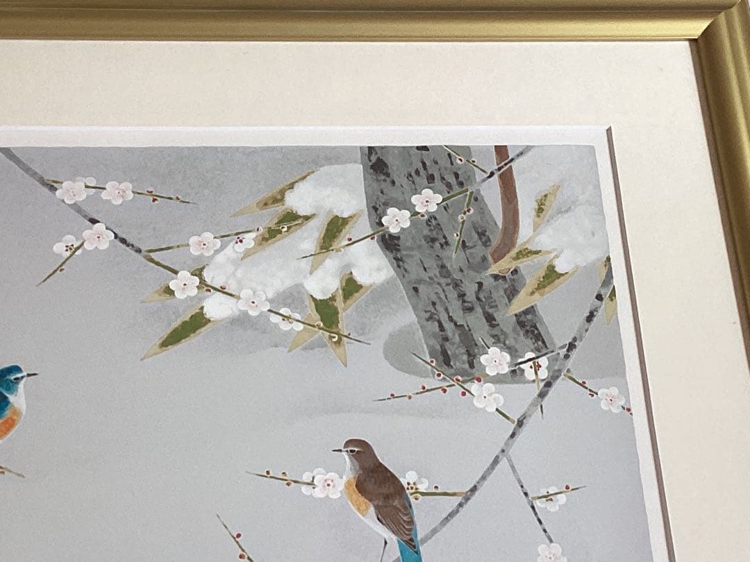 上村淳之　版画　「雪中小禽」直筆サイン・エディション　美品　日本画 金色フレーム