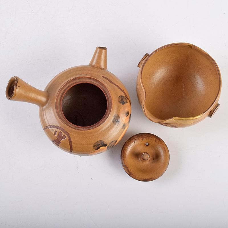 佐渡無名異焼　常山焼　三浦常山造　茶葉釉椿画　茶器揃　共箱　M　R9003