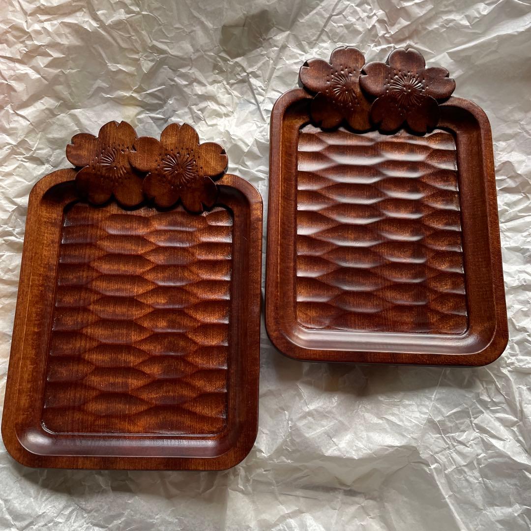 軽井沢彫　桜彫り　銘々皿　菓子皿　角皿　　　　木製トレイ　コースター　２枚セット